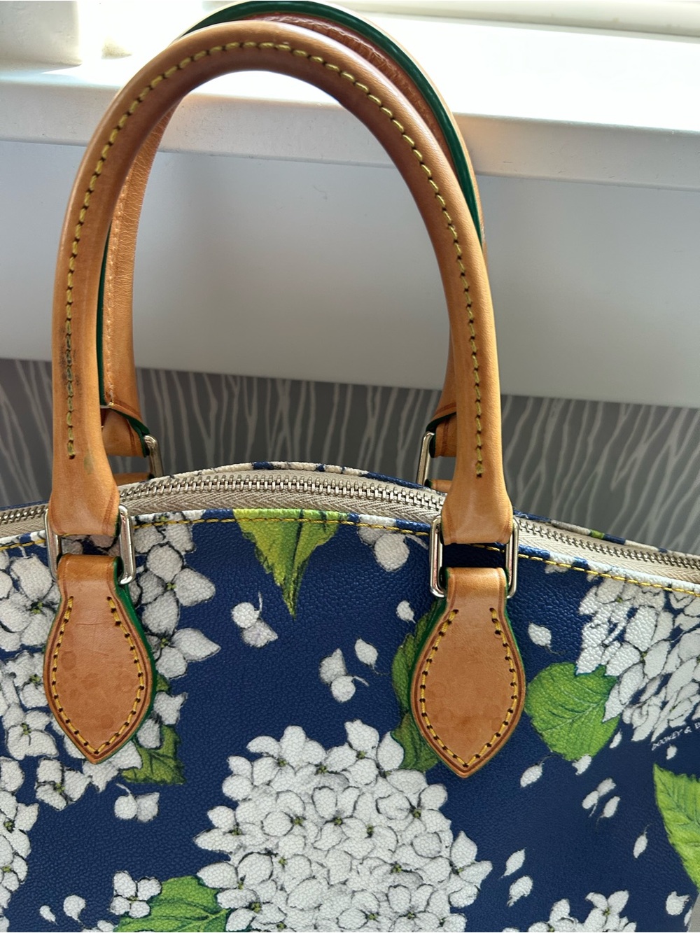 Dooney & Bourke Navy White Hydrangea Floral Satchel with Tan Trim - Picture 9 of 11